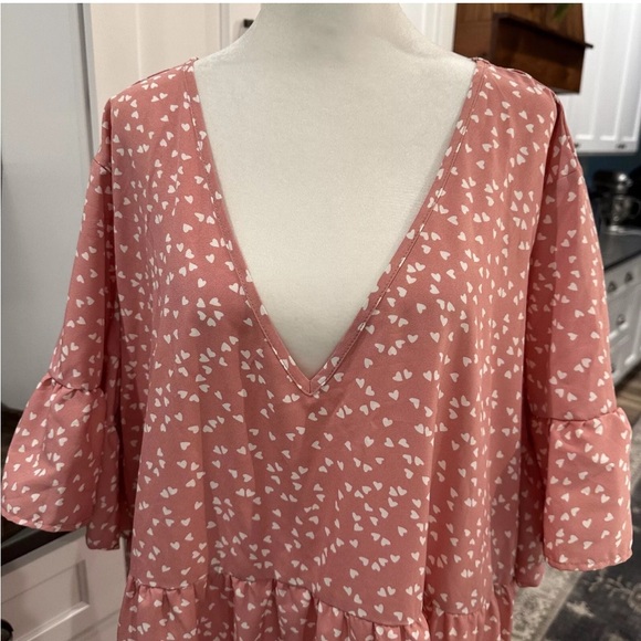 SHEIN Curve 4XL Pink Hearts V-Neck Tiered Ruffle Babydoll Swing Dress - Picture 2 of 10